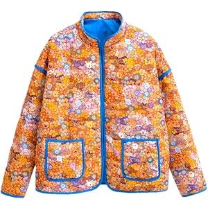 Fulbant Women's Pastoral Flower Print Quilted Jacket Loose Short Coat, S, NEW